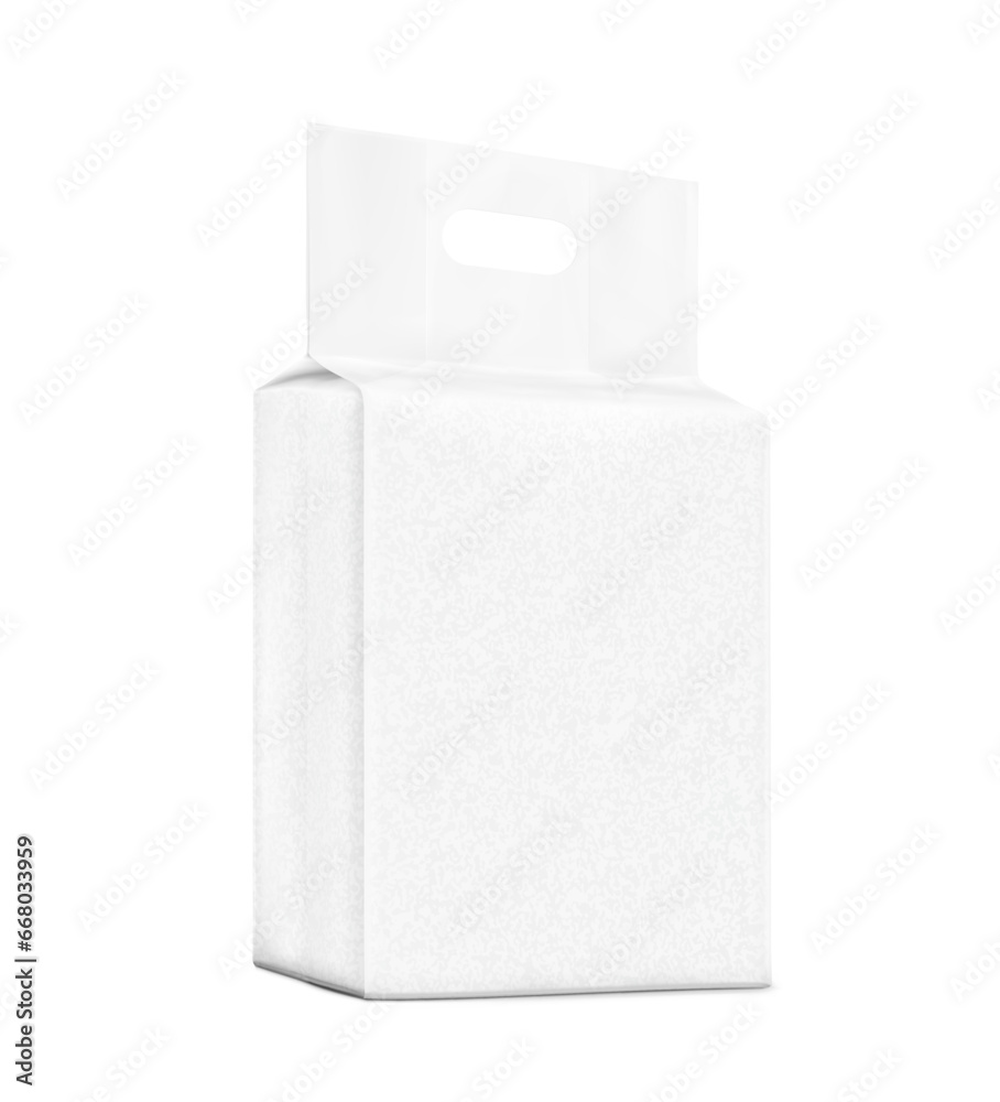 Realistic stand bag with hole handle mockup. Half side view. Vector illustration isolated on white background. Ready for your design. Suite for the presentation of diaper, foods, wet wipe. EPS10. Realistic stand bag with hole handle mockup. Half side view. Vector illustration isolated on white background. Ready for your design. Suite for the presentation of diaper, foods, wet wipe. EPS10.