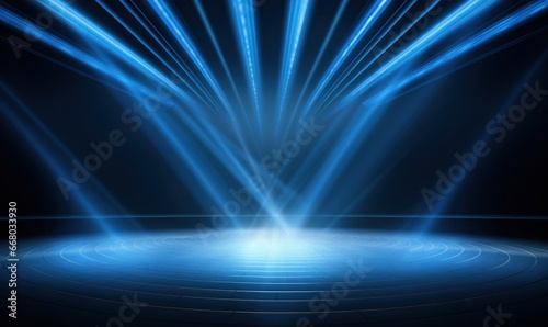 Elegant empty stage spotlight with brilliant blue beam illuminating a dark theatrical platform