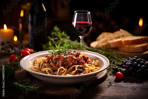 A rustic pasta dish served with a glass of red wine on an Italian restaurant table photo