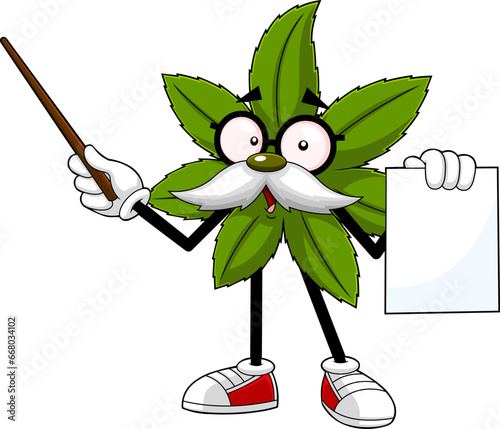 Marijuana Leaf Professor Cartoon Character Holding A Pointer. Vector Hand Drawn Illustration Isolated On Transparent Background