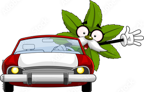 Marijuana Leaf Professor Cartoon Character Waving From Red Car. Vector Hand Drawn Illustration Isolated On Transparent Background