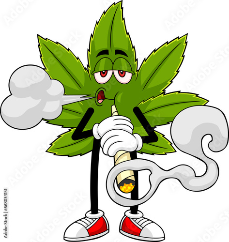 Funny Marijuana Leaf Cartoon Character Smoking A Big Joint Cigarette. Vector Hand Drawn Illustration Isolated On Transparent Background