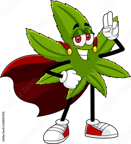 Smiling Marijuana Leaf Cartoon Character Super Hero. Vector Hand Drawn Illustration Isolated On Transparent Background