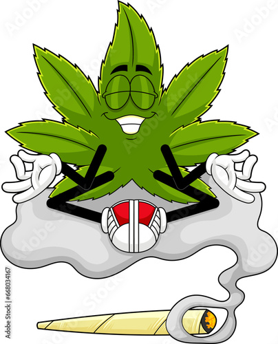 Funny Marijuana Leaf Cartoon Character Meditates Over Smoke On А Joint Cigarette. Vector Hand Drawn Illustration Isolated On Transparent Background
