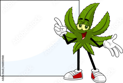 Happy Marijuana Leaf Cartoon Character Pointing To Blank Sign. Vector Hand Drawn Illustration Isolated On Transparent Background