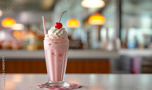 Retro romantic creative strawberry milkshake with cherry on top on retro diner and pastel pink background. 70s, 80s or 90s retro fashion aesthetic idea. Valentines day romantic idea. Copy space