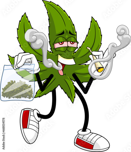 Marijuana Leaf Cartoon Character With Package With Weed Fresh Buds Of Cannabis. Vector Hand Drawn Illustration Isolated On Transparent Background