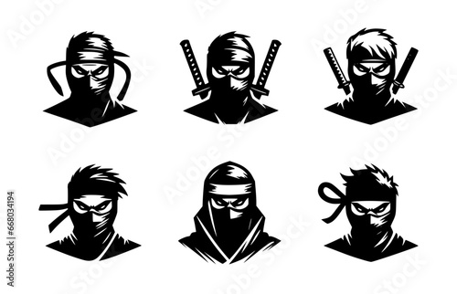 set of ninja silhouette illustrations on isolated background