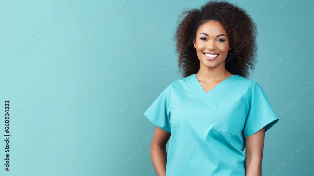 Friendly medical doctor or nurse in blue uniform scrubs on copyspace background. Friendly medical doctor or nurse in blue uniform scrubs on copyspace background.