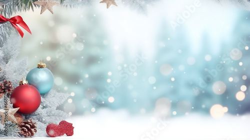 christmas landscape pastel light blue background, decoration, copy space, xmas celebration background