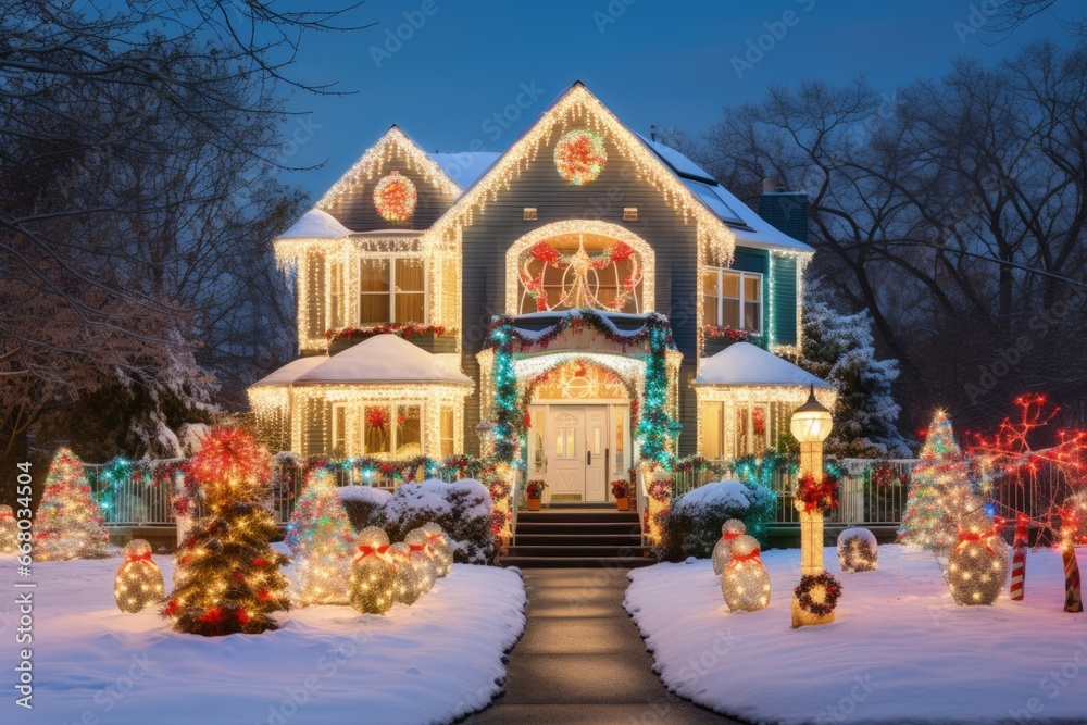 Beautiful Christmas Light Display on Typical Suburban Home, Holiday Decoration, Bright Light Show