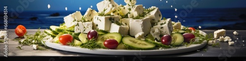 A plate of food with cucumbers, tomatoes, and cheese