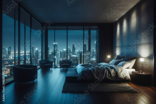 penthouse bedroom at night, dark gloomy, A room with a view of the city from the bed