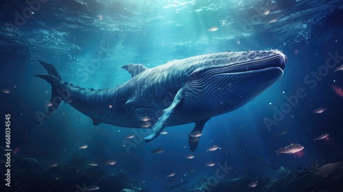 A large whale is swimming in the ocean