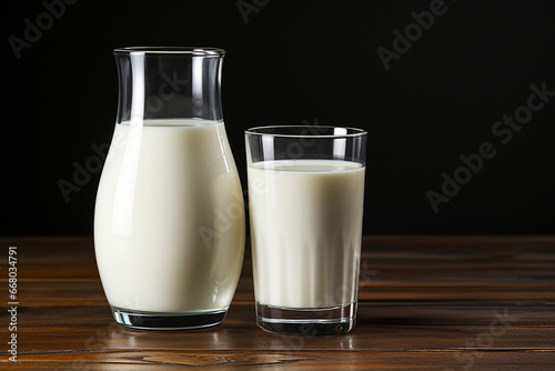 glass of milk and a jug of milk side by side. 