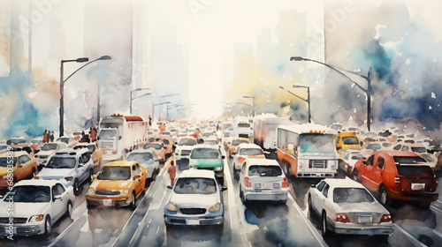 Traffic jam in style of aquarelle