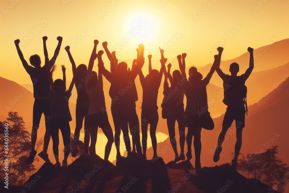 Big group of happy friends with raised hands at sunset. People's silhouettes. Unity, success, team or friendship concept
