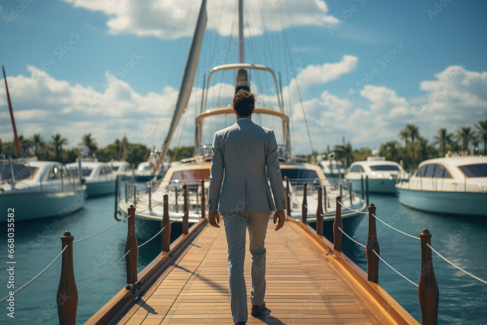 A gentleman in business suit is standing in front of the private yacht. The Billionaire, businessman successful concept scene.	
