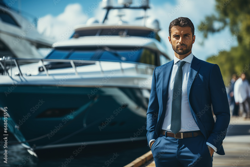 A gentleman in business suit is standing in front of the private yacht. The Billionaire, businessman successful concept scene. 