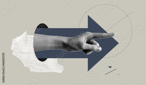 Trendy Halftone Collage Hand pointing finger and forward arrow. Business success and startup development. Social media marketing and promotion. Indicate direction. Contemporary art vector illustration