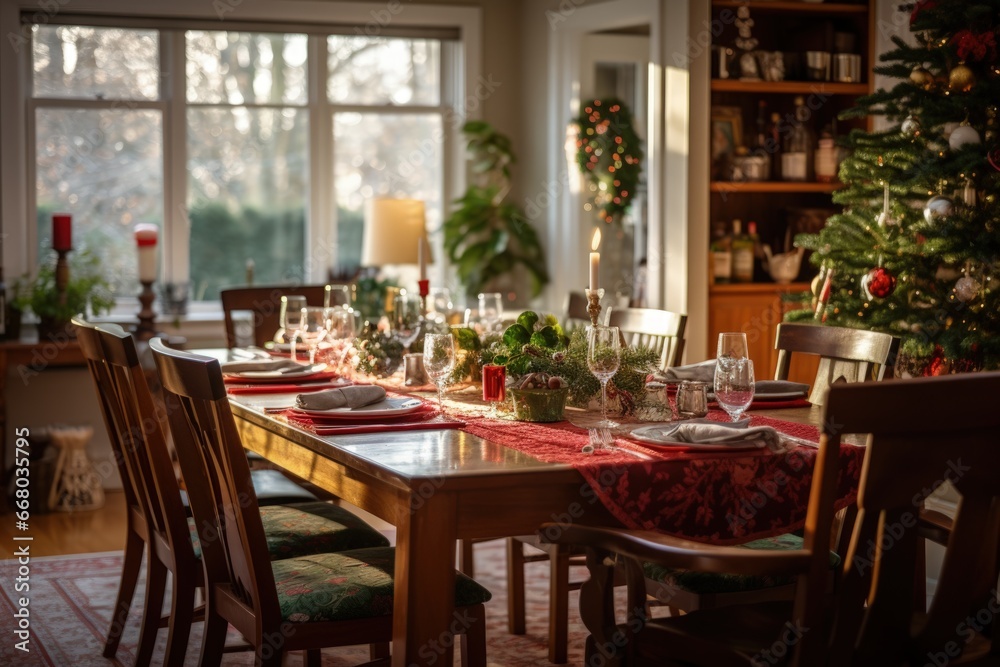 Warm and Inviting Dining Room Ready for Christmas Party, Holiday Get-Together, Holiday Food