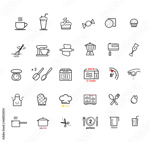Cooking preparation icon set. Set of sign for detailed guideline of preparation food. Vector elements on a white background. Ready for your design. EPS10.