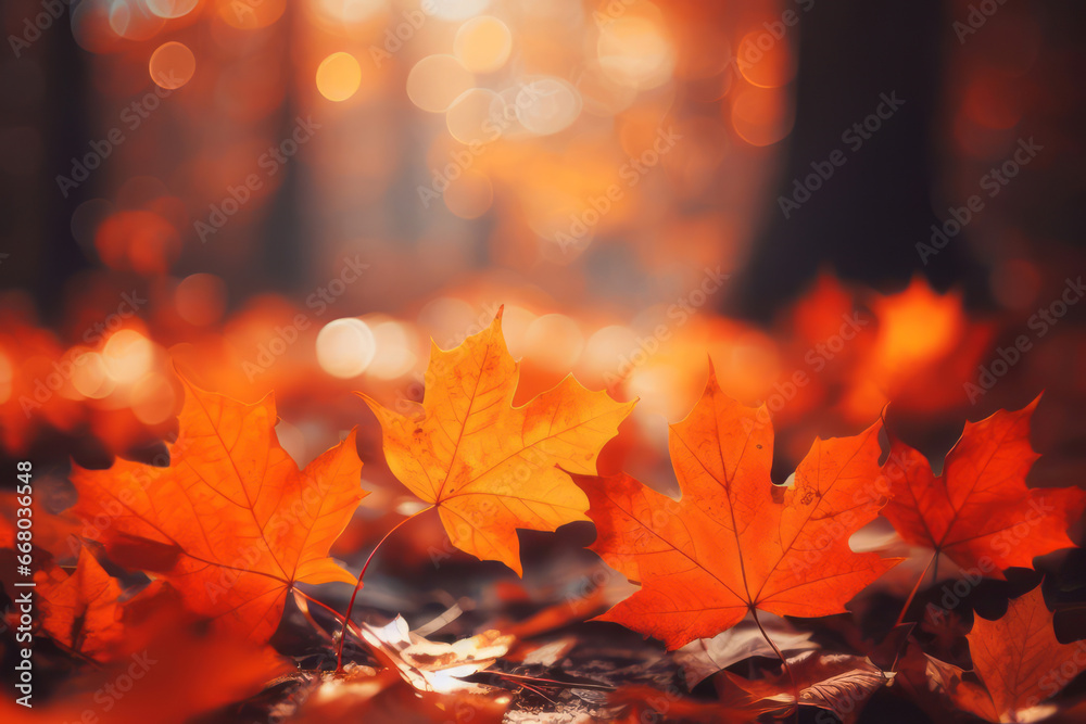 Orange maple leaves on the ground with a bokeh effect defocused background. Autumn concept