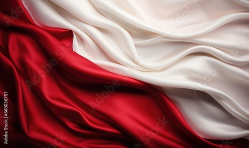 Waving flag of Poland. Independence Day November 11, Poland. Red and white fabric texture for background, copy space.