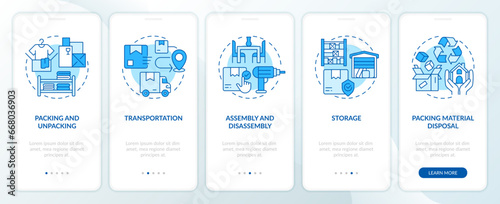 2D icons representing moving service mobile app screen set. Walkthrough 5 steps blue graphic instructions with linear icons concept, UI, UX, GUI template.