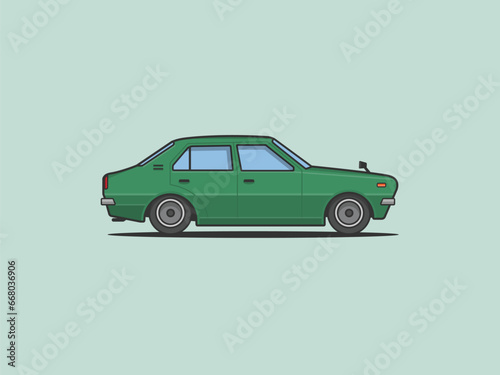 Minimalist illustration of old green sedan car retro classic car flat vector 80s 70s model