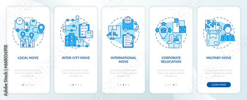 2D icons representing moving service mobile app screen set. Walkthrough 5 steps blue graphic instructions with line icons concept, UI, UX, GUI template.