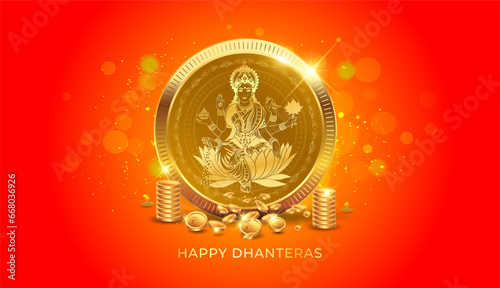 Gold Coins, money, wealth for Dhanteras festival and goddess Lakshmi puja background.