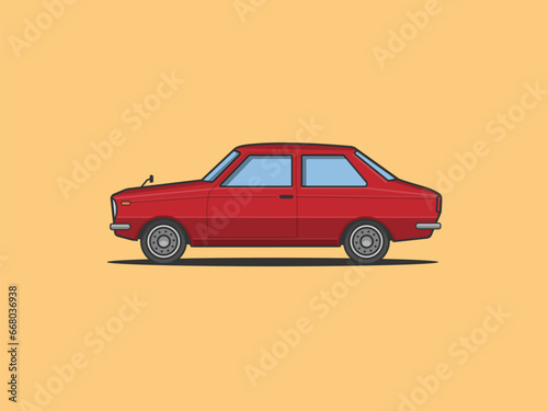 Minimalist illustration of old red sedan car retro classic car flat vector 60s 70s model