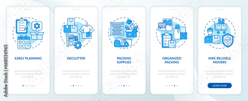 2D icons representing moving service mobile app screen set. Walkthrough 5 steps blue graphic instructions with line icons concept, UI, UX, GUI template.