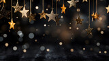 merry christmas background, Swinging gold christmas stars with snowflakes over light spots on black background