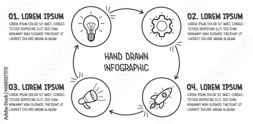 Doodle infographic elements with 4 options. Hand drawn icons. Thin line vector illustration.