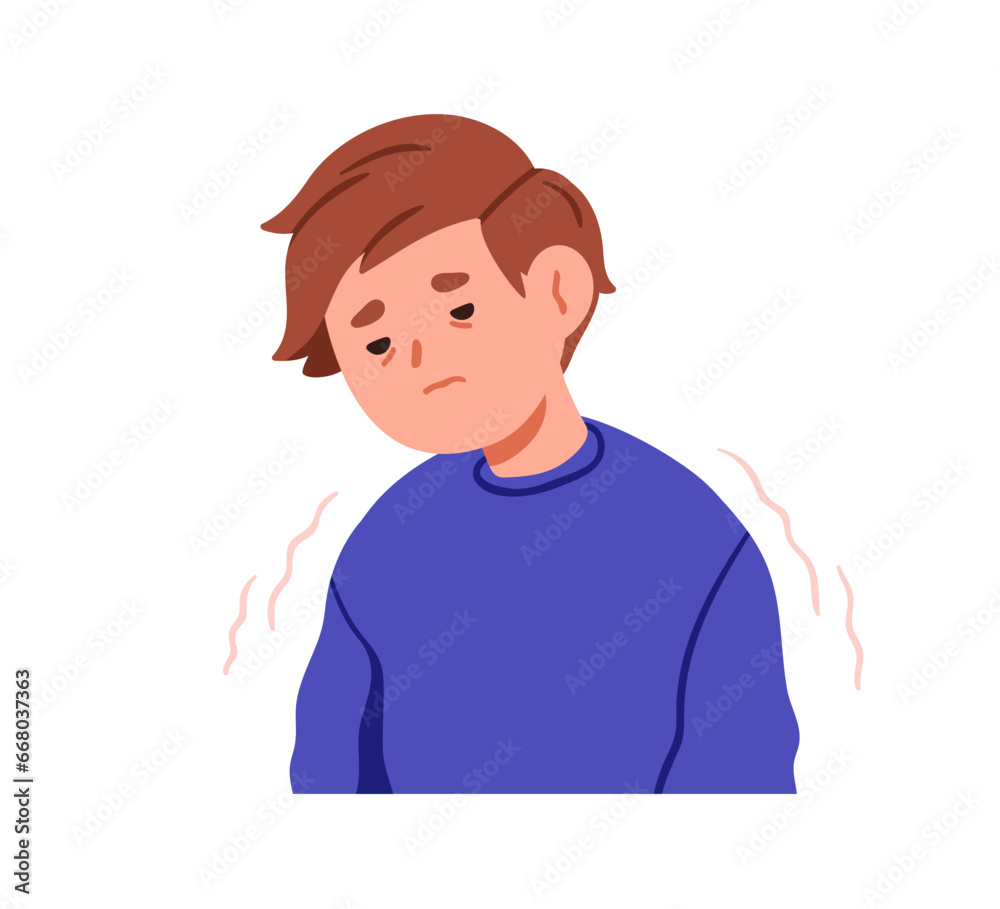 Sick weak fatigue kid, feeling faint, unwell, malaise. Ill tired child exhausted by flu, suffering from cold, sickness, influenza illness. Flat vector illustration isolated on white background Sick weak fatigue kid, feeling faint, unwell, malaise. Ill tired child exhausted by flu, suffering from cold, sickness, influenza illness. Flat vector illustration isolated on white background