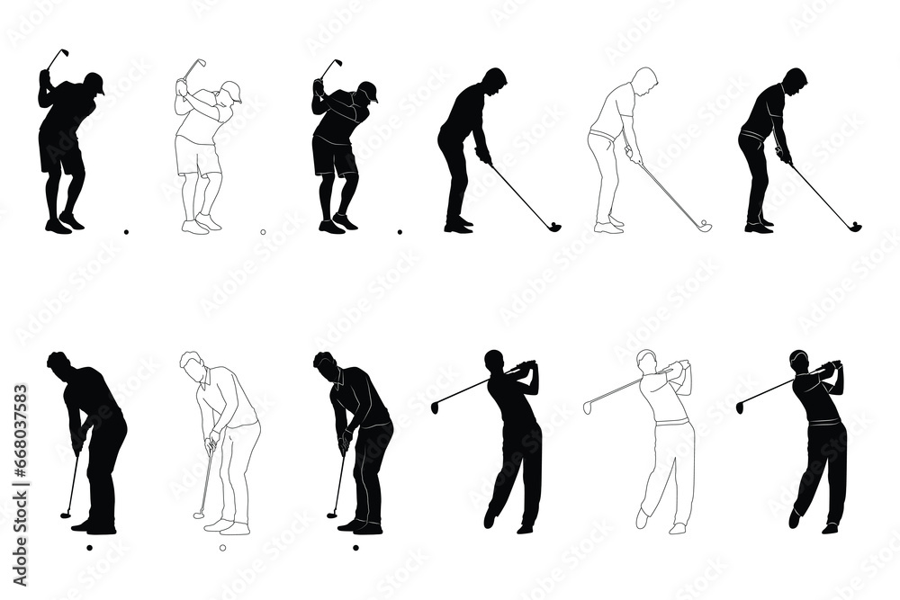 Vector silhouettes of collection of male golf players, equipment for ...