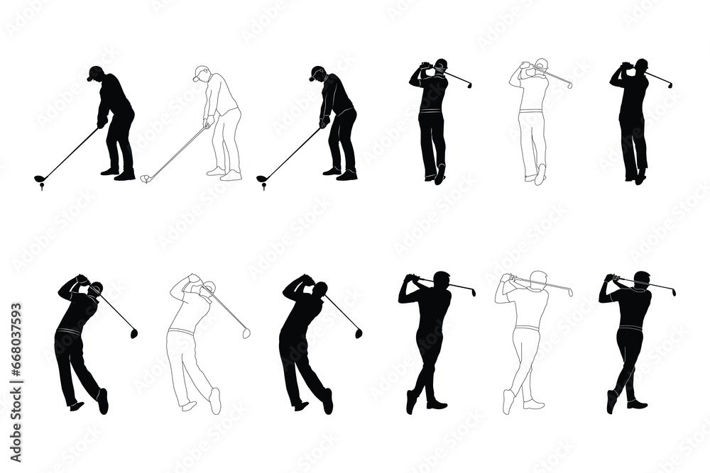 Vector silhouettes of collection of male golf players, equipment for ...