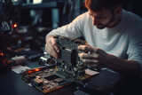 The technician repairing the computer, computer hardware, repairing, upgrade and technology,