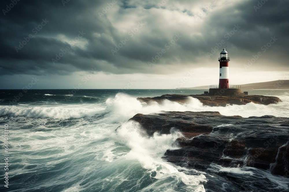 Classic lighthouse by stormy seashore. Generative AI