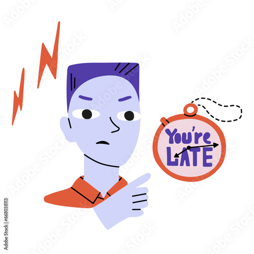 The angry boss shows that you are late. Businessman pointing at the clock. Flat vector illustration in violet and orange colours isolated on white background