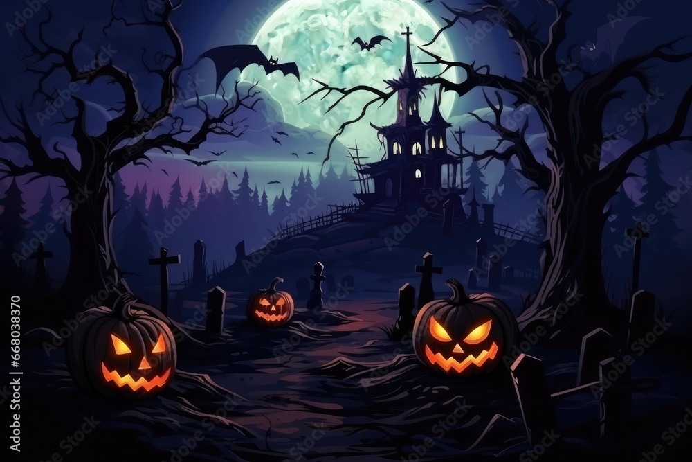 halloween concept. scary pumpkin and house. with fantastic background. generative ai halloween concept. scary pumpkin and house. with fantastic background. generative ai