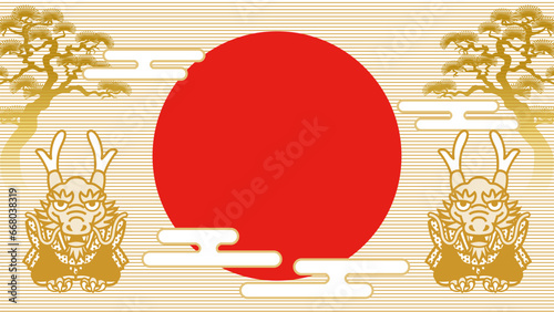 2024年　デザインテンプレート - 和装の龍のキャラクターと初日の出　コピースペースあり