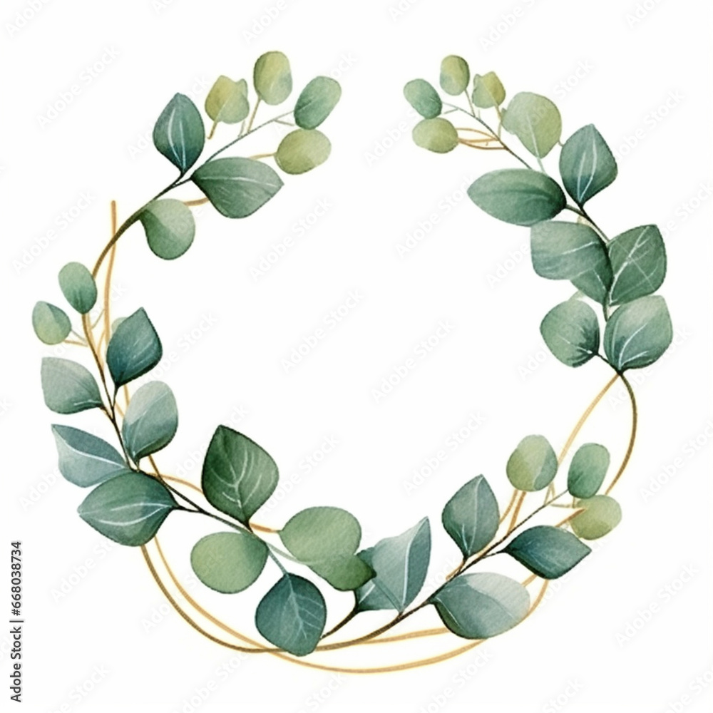 Watercolor green eucalyptus leaves and branches herb with golden line frame on white for greeting card decor. Generated AI