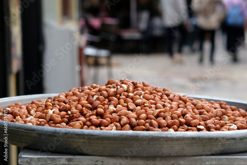 Peeled peanuts on a tray at the bazar of Skopje, North Macedonia