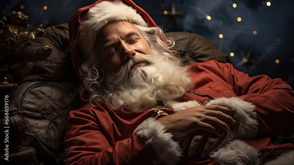 Santa Claus is lying on a white bed under a red blanket in a red cap holding a bag of gifts in his arms. Cool Christmas concept. Generative AI