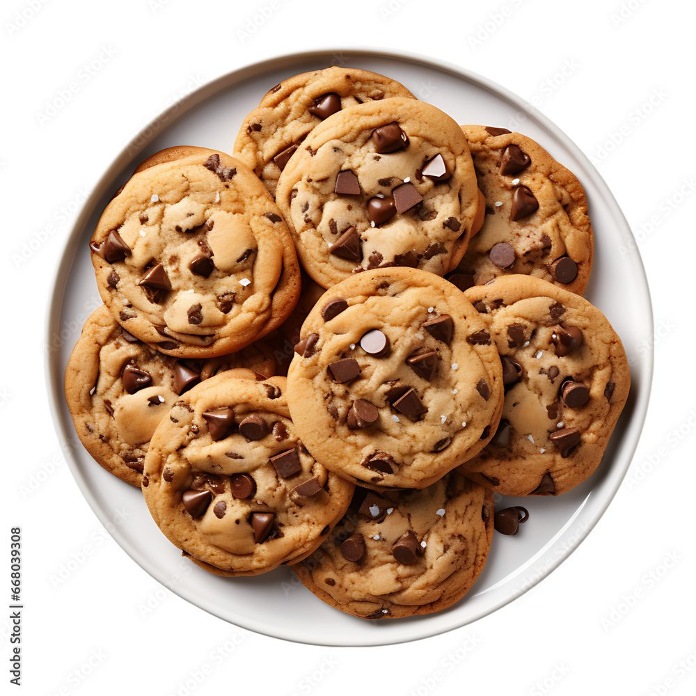 Top View of Chocolate Chip Cookies on White Tray Isolated on Transparent or White Background, PNG