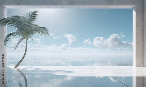 3D rendering of a white room with blue clouds and a window. Palm tree and sea view through the window. mock up. Luxury white interior with window. 