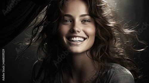 Black and white portrait of young happy woman and adult with a big smile on her face, beautiful contrast, concept black and white. Smile emotion illustration. Generative AI